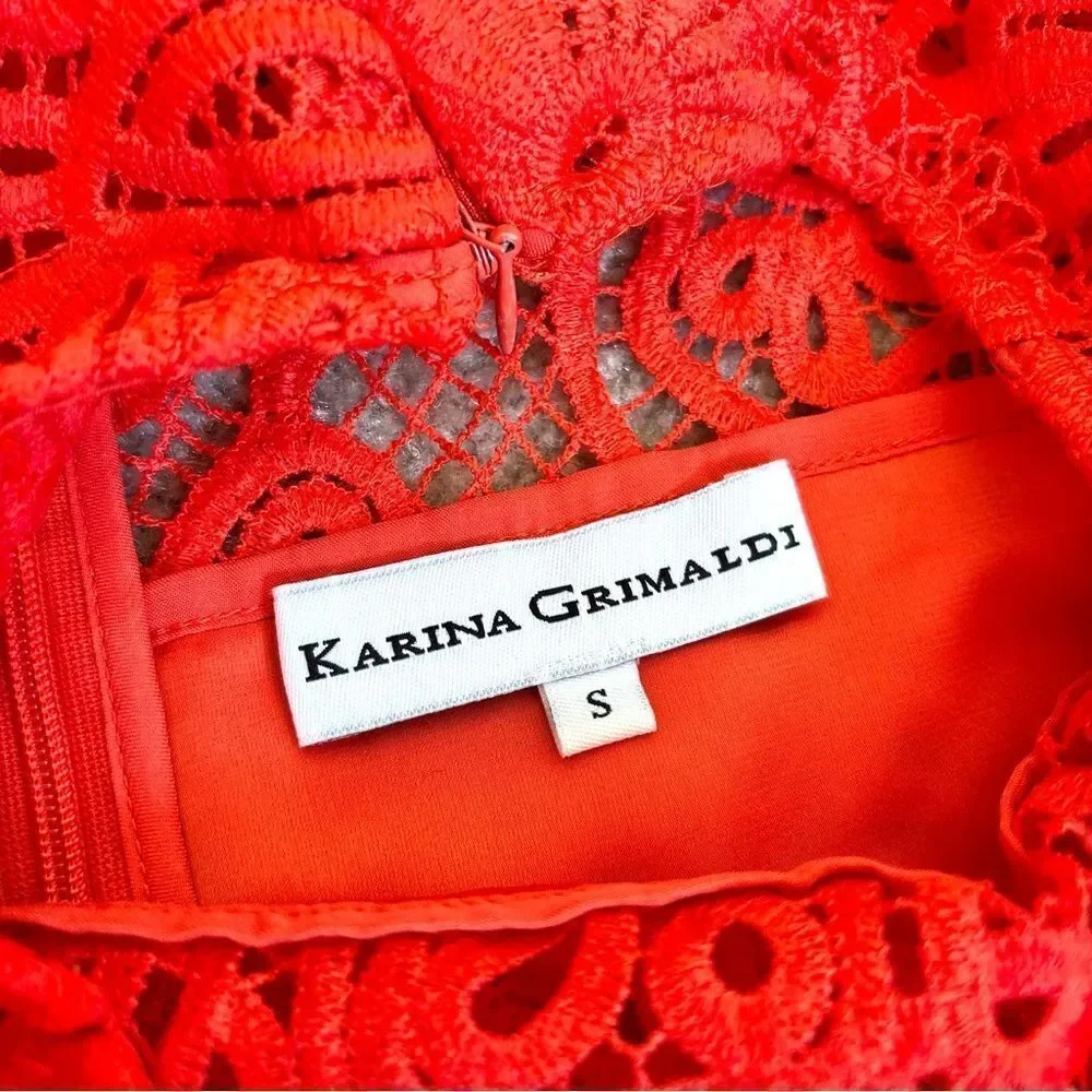 Karina Grimaldi Lace Blouse – Red, Short Sleeve, Scalloped Hem, Size Small